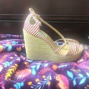 Jenny Striped-Silk Espadrille Wedge Sandals